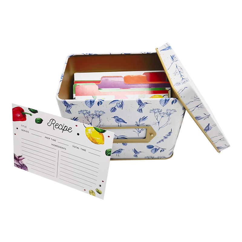 Custom Food Grade Metal Decorative Tin Recipe Box With Card and Dividers