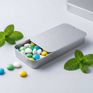 Custom Logo Recyclable 60*33*10mm Stock Fast Delivery Metal Candy Black Tin Box With Sliding Lid
