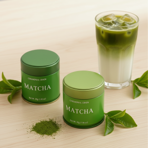Custom OEM Food Grade Tinplate Tea Tins (Matcha Powder) Airtight Matte Finish Cap Brush 30-50g Capacity Silk Screen Printing