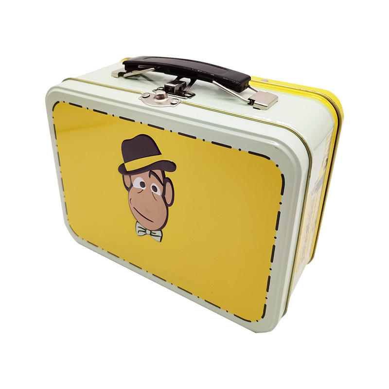 Custom Printing Design Rectangle Cookie Tin Box Tinplate Suitcase for Kids Portable Metal Lunch Picnic Boxes with Handle