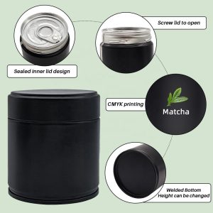Custom Printing OEM Glossy Surface Custom Metal Round Tea Coffee Bean Matcha Box Packaging Tinplate Metal Box Cap with Brush