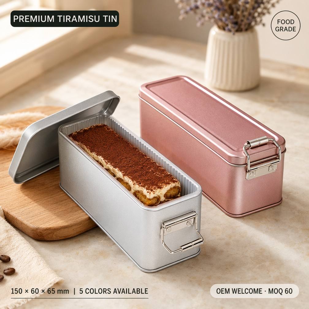 Custom Silk Screen Printed Rectangle Food Grade Tinplate Tin Box with Lock Cap Brush for Tiramisu Cakes Candies Cookies Sandwich
