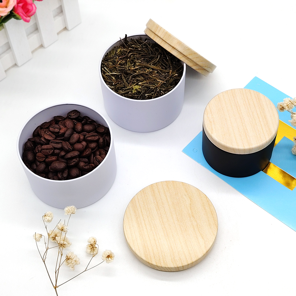 Factory Wholesale Round Metal Candle Tin Box with Wooden Color Lid, 2oz 4oz 8oz Empty Container for Candle Making