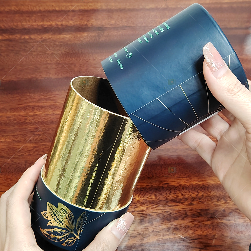 OEM Wholesale 125*75mm Gold Foil Surface Paper Tube Custom Printing Recyclable Tea Chocolate Paper Tube Gift Packaging