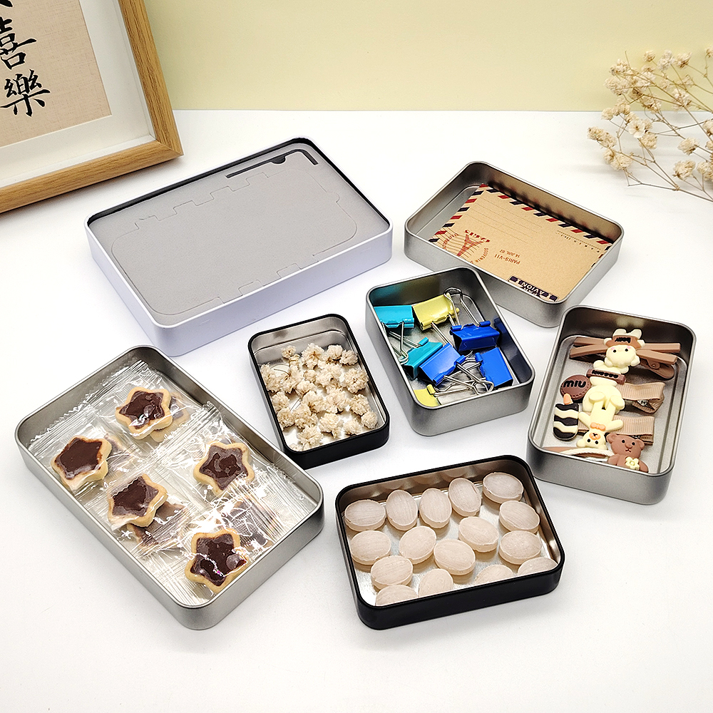 OEM Custom Printed Silver Rectangular Food Grade Metal Tin Box with Lid, FDA Certified, in Stock