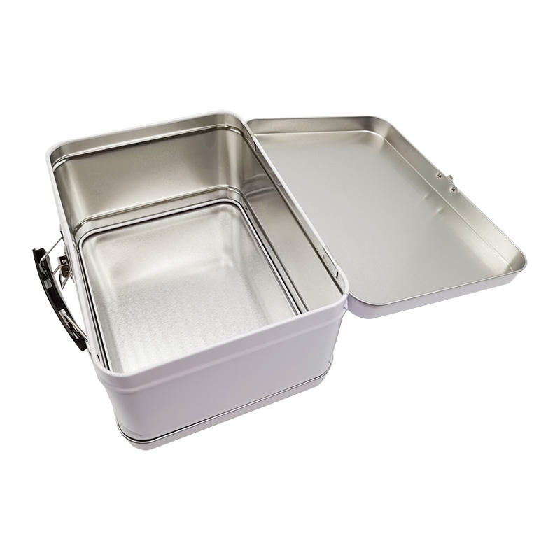 Portable Rectangular Tin Box with Handle Lock and Child Safety Hinges for Food Cookie Tea Storage-SJ304 Model