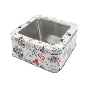 Square Tin Packaging With Window Lid Candy Metal Box Christmas Cookie Tin Box