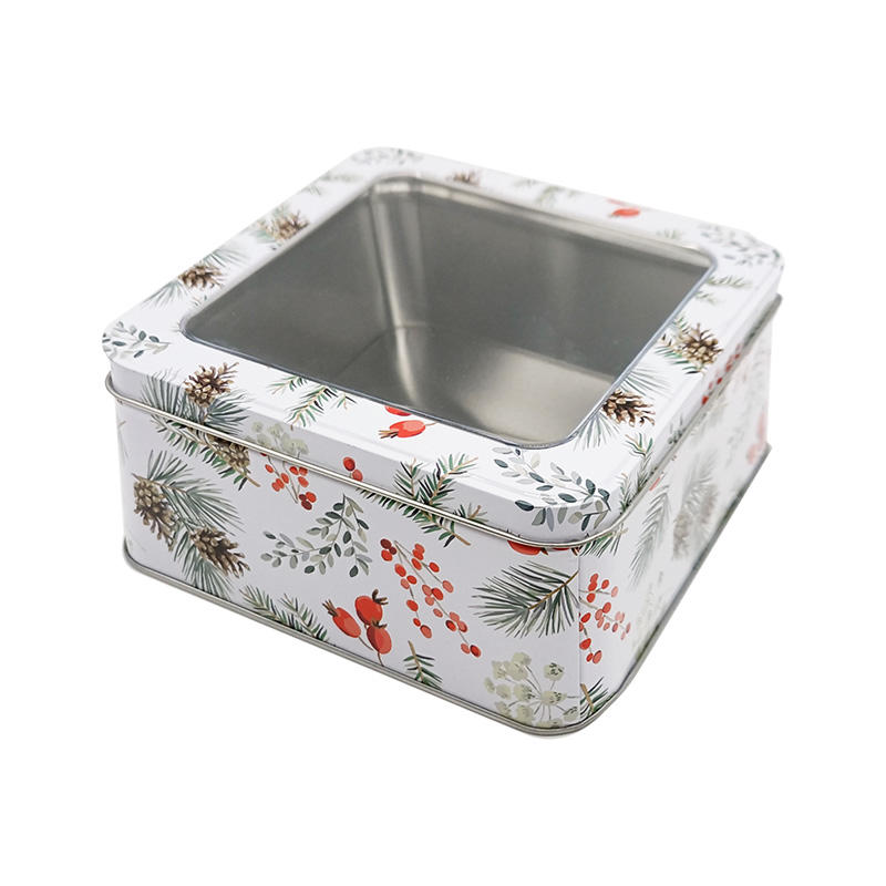 Square Tin Packaging With Window Lid Candy Metal Box Christmas Cookie Tin Box